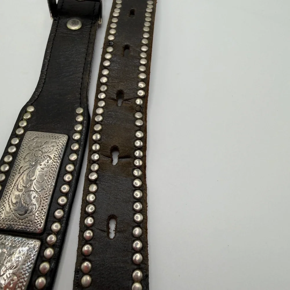 Nadim USA Mens Western Leather Square‎ Concho Belt Brown Silver Studded 42